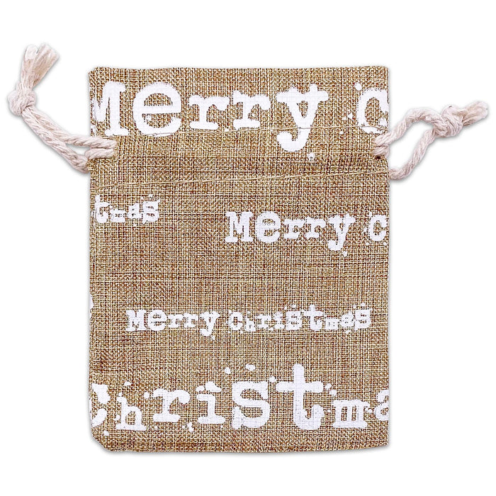 3" x 4" Jute Burlap White Merry Christmas Drawstring Gift Bags