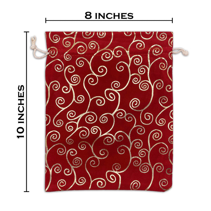8" x 10" Red Velvet Gold Swirl Christmas Drawstring Gift Bags