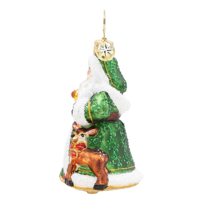 Christopher Radko Deerly Beloved Santa Gem glass Christmas ornament featuring Santa in a green coat with white trim and a festive reindeer companion.