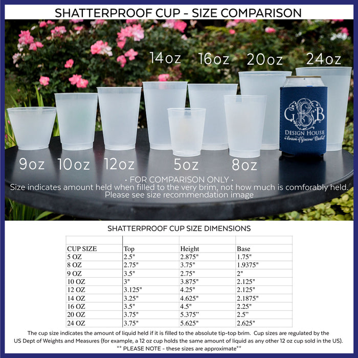 a collection of shatterproof cup sizes, ranging from 5 oz to 24 oz, with a blue can of a beverage in the background. The cup sizes are organized in a table format, providing a size comparison for each cup.