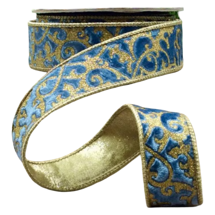 D. Stevens dusty blue velvet ribbon with gold glitter treillage pattern and metallic edging, 1.5 inches wide.