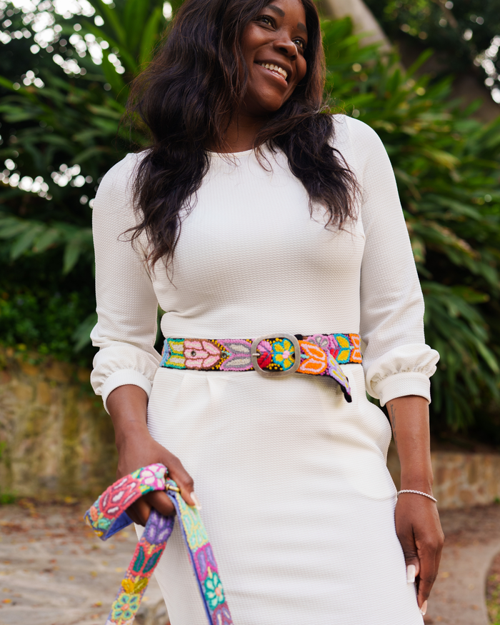 Jenny Krauss Folklorica black wool belt with colorful hand-embroidered floral design and metal buckle