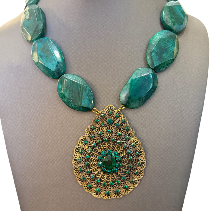 Made in the Deep South | Green Agate & 1930s Filigree Pendant Necklace