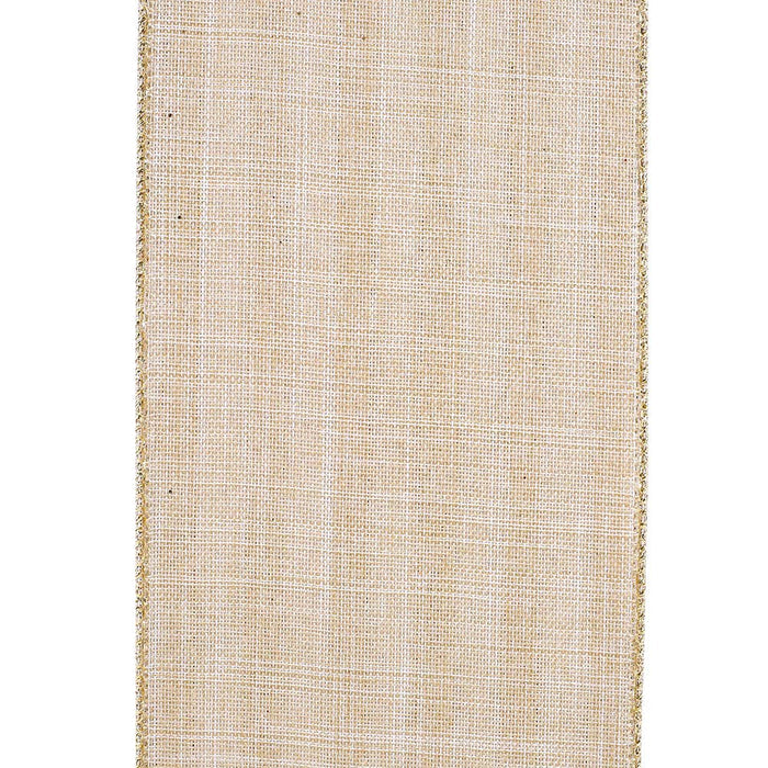A close-up of a woven natural fiber fabric, likely jute or burlap, in a light tan color with a visible textured weave and frayed edges.