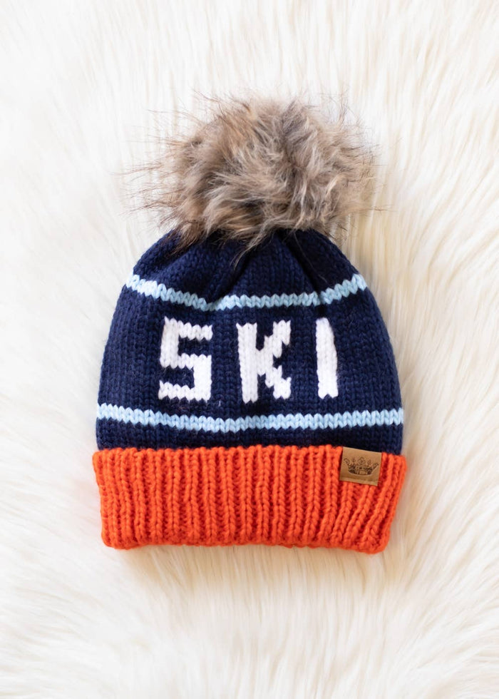 Pom Hat-Orange, Navy & Lt. Blue Ski