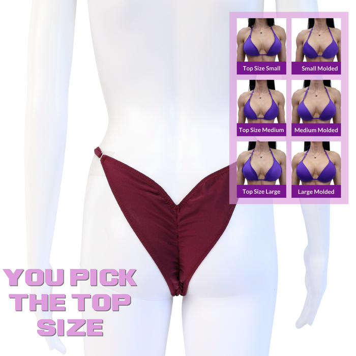 QS SZ: Matte Maroon Posing Practice Suit. Brazilian with Modest Rise. Angel Competition BikinisThe best NPC Competition Suits for the Bikini Division, Fit Model Division Suits, and bodybuilding suits.