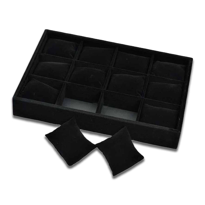 13 3/4" x 9 1/2" x 2" Tray with 12 Black Velvet Jewelry Display Pillows