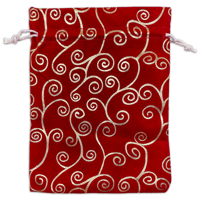 6" x 8" Red Velvet Gold Swirl Drawstring Gift Bags