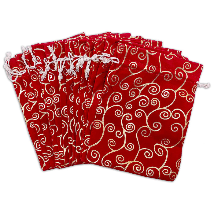 6" x 8" Red Velvet Gold Swirl Drawstring Gift Bags