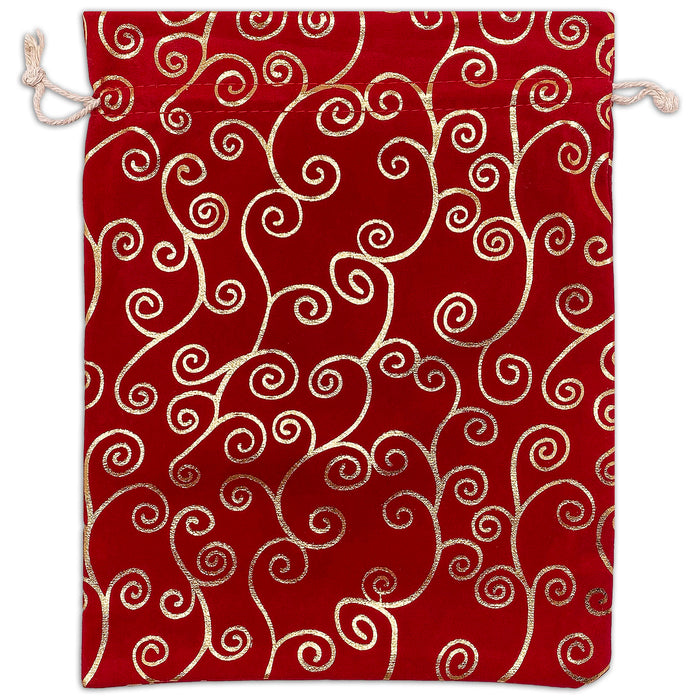 8" x 10" Red Velvet Gold Swirl Christmas Drawstring Gift Bags