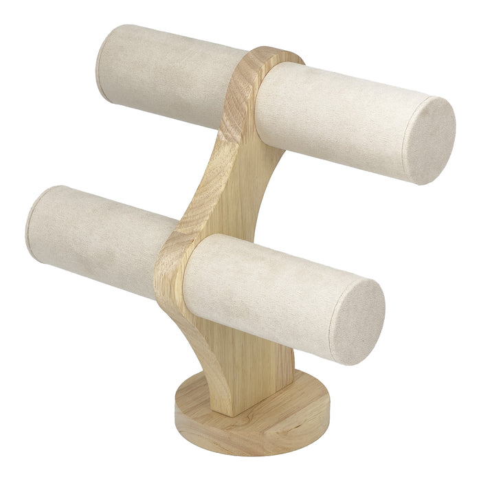 9 1/4" x 9 1/4" Beige Microfiber Natural Wood 2-Tier Round Bar Bracelet Display