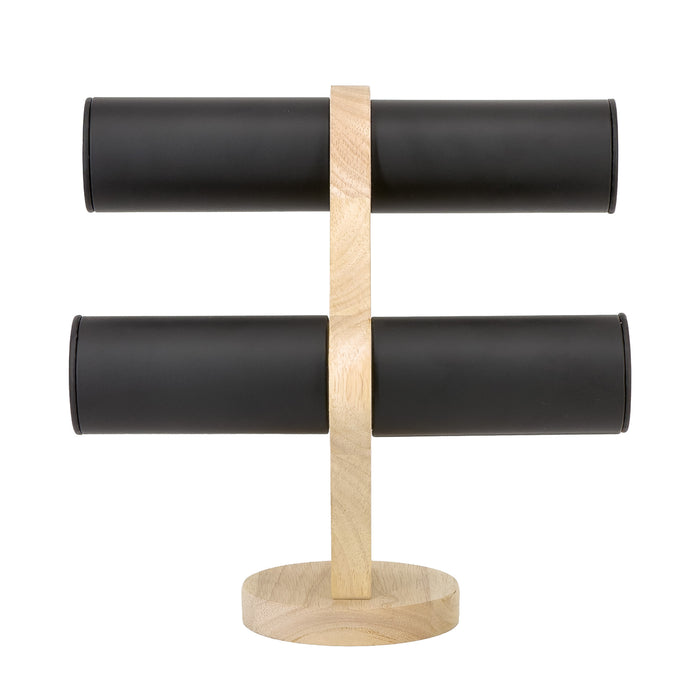 9 1/4" x 9 1/4" Black Leatherette Natural Wood 2-Tier Round Bar Bracelet Display