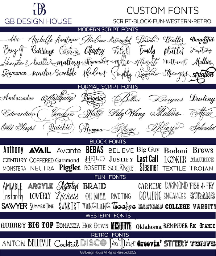 a collection of various custom fonts, including script-block, fun-western, and retro fonts, as well as formal script fonts. The fonts are organized into different sections, showcasing a diverse range of styles and designs.
