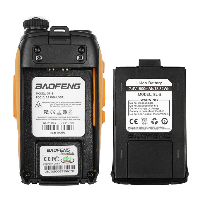 Baofeng GT-3 Mark II [2 Pack + Battery] | Dual Band | 5W | Better Antenna | VOX | Flashlight - Radioddity