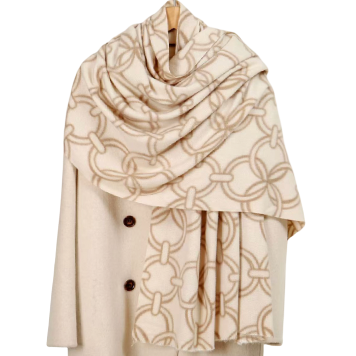 Beige and ivory chain print scarf with an allover interlocking link pattern draped on a neutral background