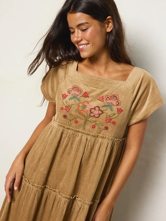 Berkley Embroidered Corduroy Maxi Dress -  Folklore Stitches Tan-view 2