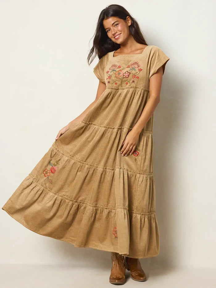 Berkley Embroidered Corduroy Maxi Dress -  Folklore Stitches Tan-view 4