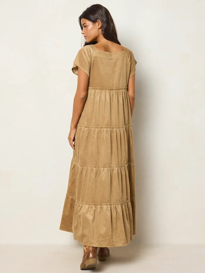 Berkley Embroidered Corduroy Maxi Dress -  Folklore Stitches Tan-view 6