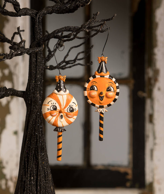 Spooky Sweet Treat candy ornaments hanging in vintage inspired Halloween display
