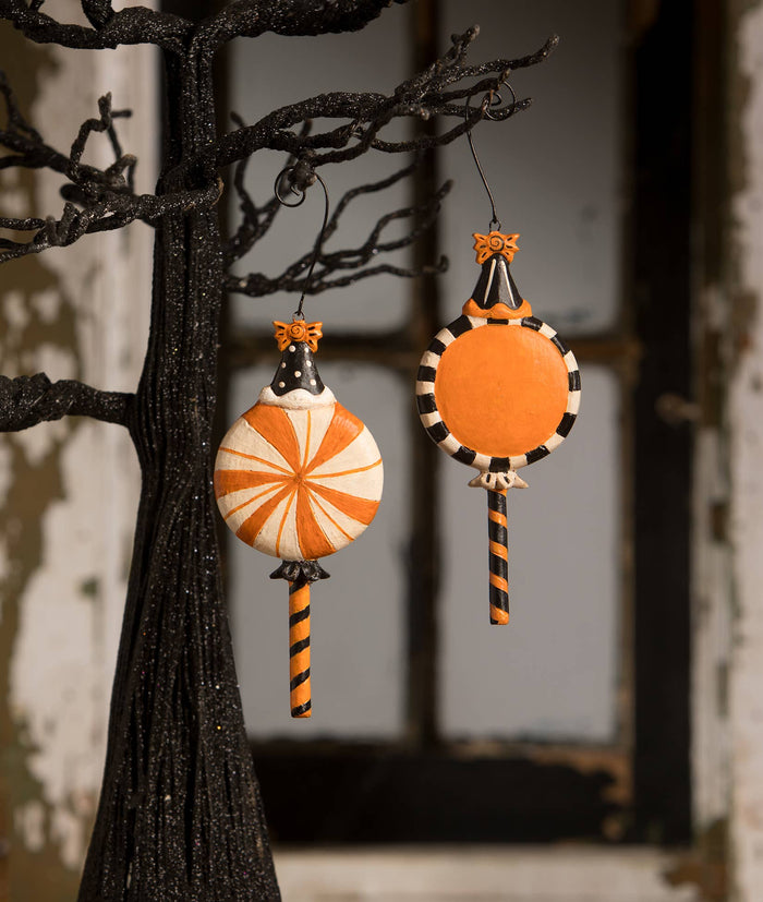 Bethany Lowe Halloween candy ornaments styled with black and orange seasonal decor
