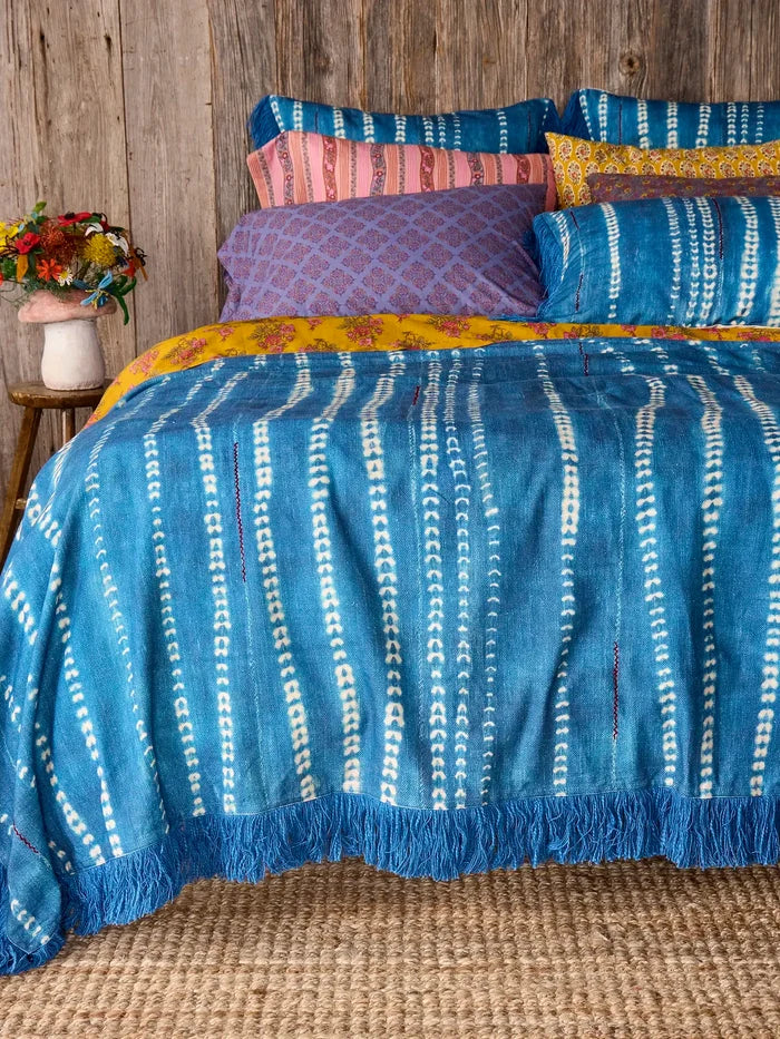 Boho Fringe Bedspread - Shibori Stamps Indigo-view 1
