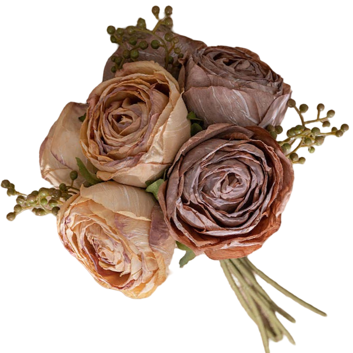 Brown and taupe silk rose faux bouquet with six blooms, greenery, and berry accents