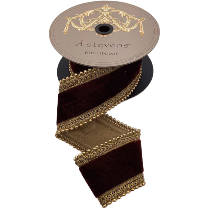 Burgundy velvet D. Stevens ribbon with antique gold beaded trim, 2.5 inches wide and sold by the yard.