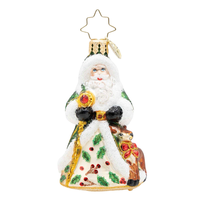 Christopher Radko Deerly Beloved Santa Gem glass Christmas ornament featuring Santa in a green coat with white trim and a festive reindeer companion.