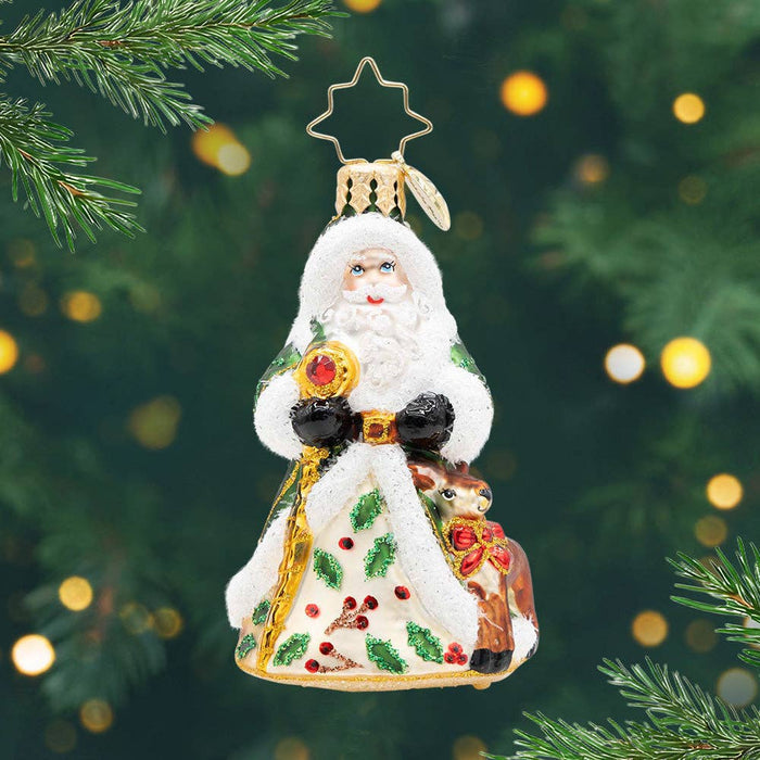 Christopher Radko Deerly Beloved Santa Gem glass Christmas ornament featuring Santa in a green coat with white trim and a festive reindeer companion.
