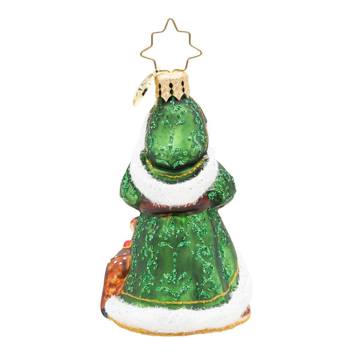 Christopher Radko Deerly Beloved Santa Gem glass Christmas ornament featuring Santa in a green coat with white trim and a festive reindeer companion.