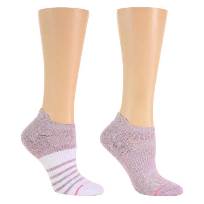 Ankle compression socks featuring a solid color on one side and contrasting stripes on the other.