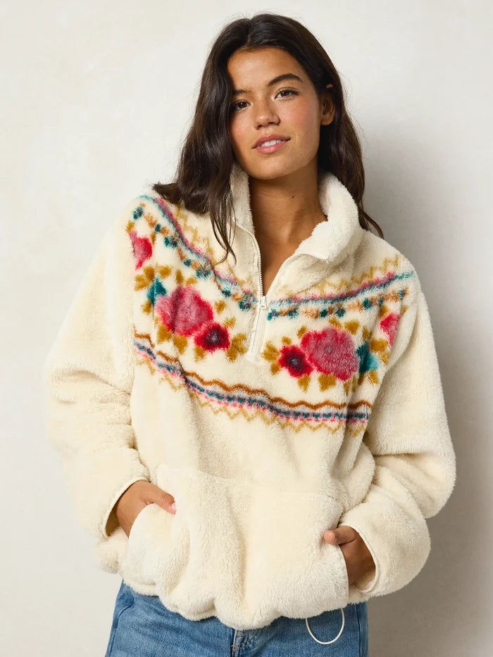 Coziest Quarter Zip Pullover Sweatshirt - Ivory Rose Fair Isle-view 3