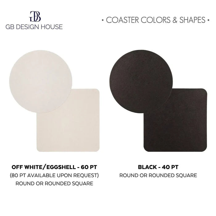 two different sizes of coasters, one white and one black, with text indicating their sizes and shapes.