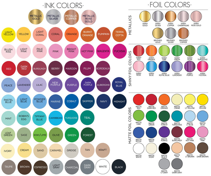 The image is a color palette and foil color chart, displaying a variety of metallic and matte colors, as well as foil colors.