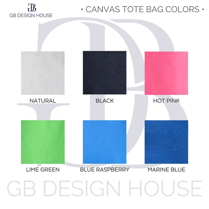 a collection of canvas tote bag colors, including natural, black, hot pink, lime green, blue raspberry, and marine blue.