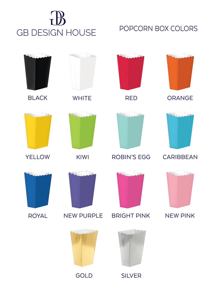 a collection of twelve different popcorn box colors, each with a unique design and color. The popcorn boxes are arranged in a grid format, with four rows and three columns. The colors include black, white, red, orange, yellow, kiwi, robin's egg, caribbean, royal, new purple, bright pink, new pink, gold, and silver.