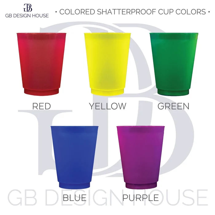six colorful plastic cups, each with a different color: red, yellow, green, blue, purple, and blue.