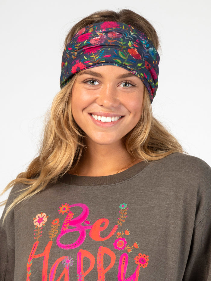 Fleece Boho Bandeau® Headband - Navy Wildflower-view 4