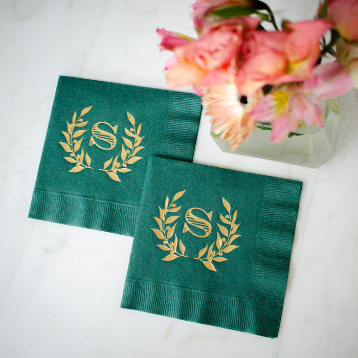 Forest Green Wreath Monogram Wedding Napkins