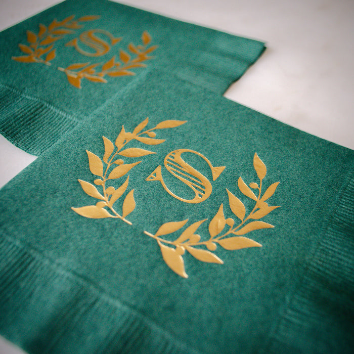 Forest Green Wreath Monogram Wedding Napkins