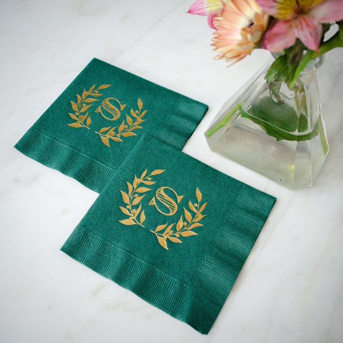 Forest Green Wreath Monogram Wedding Napkins