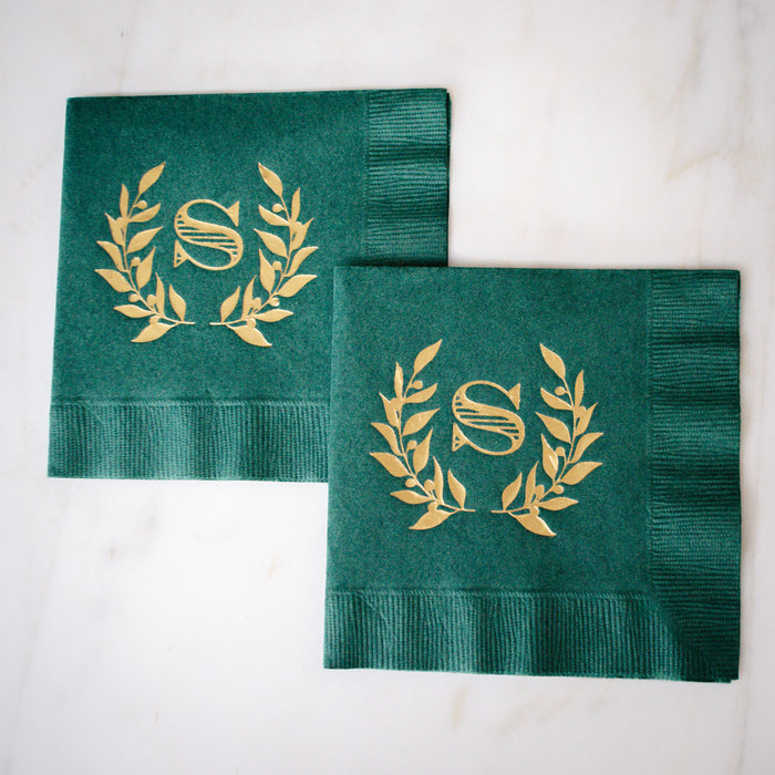 Forest Green Wreath Monogram Wedding Napkins