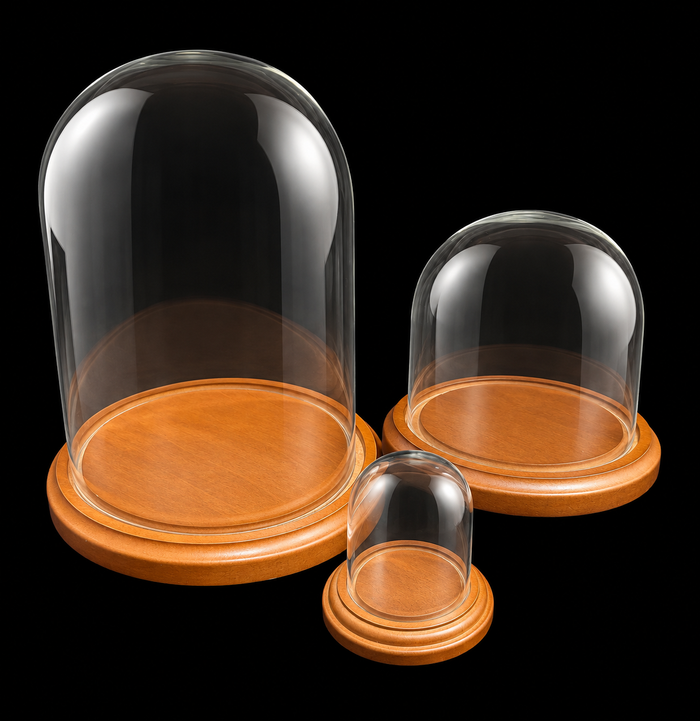 Three glass cloche domes with wooden bases in different sizes, displayed on a solid black background.