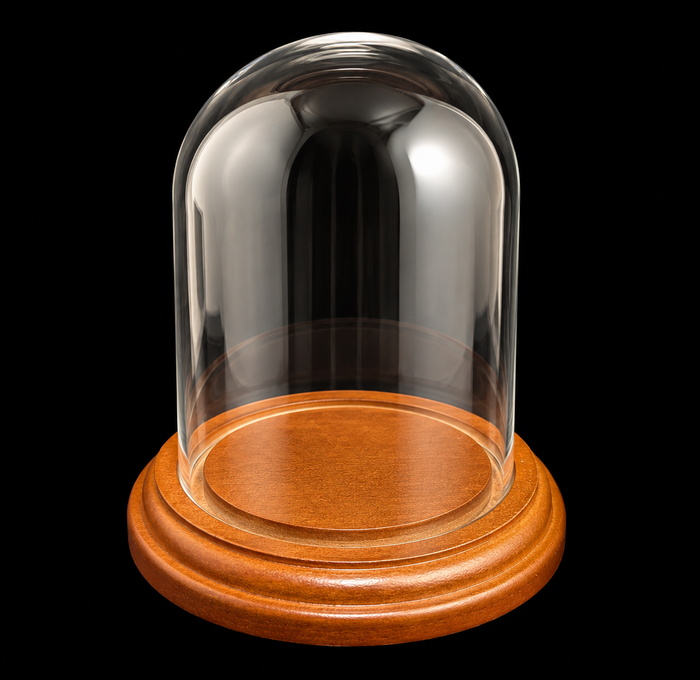 Clear glass dome cloche on a round polished wooden base, photographed against a solid black background.