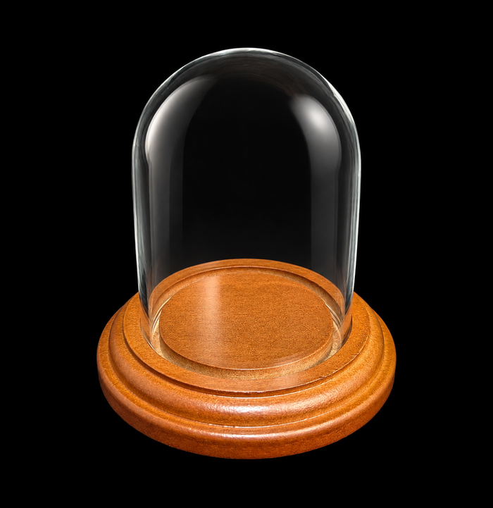 A clear glass dome cloche with a polished round wooden base, shown against a solid black background.