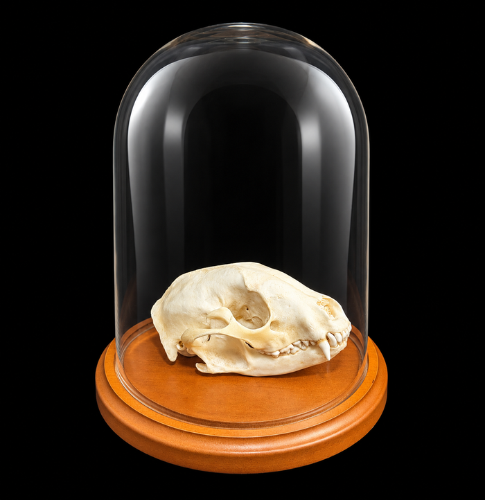 An animal skull displayed inside a clear glass cloche dome on a round wooden base, photographed against a solid black background.