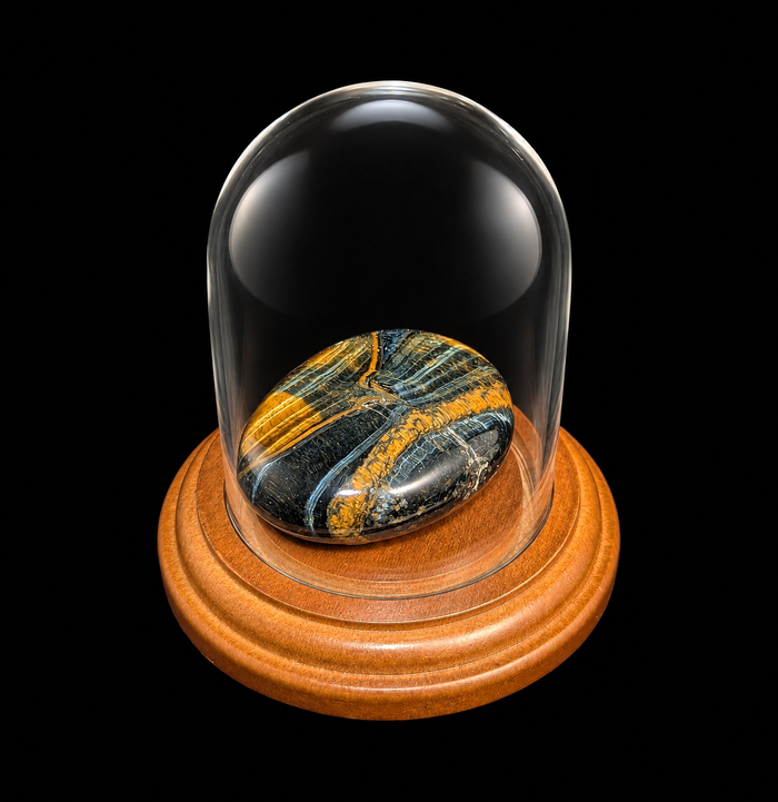 A polished black and gold banded stone, resembling tiger's eye, displayed inside a clear glass dome on a round wooden base, set against a solid black background.