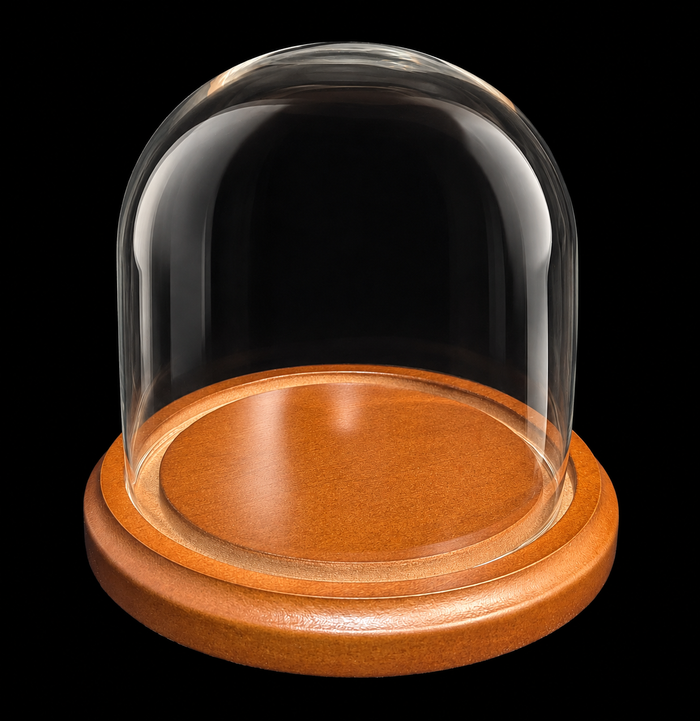 Clear glass dome cloche with a round wooden base, shown on a solid black background.