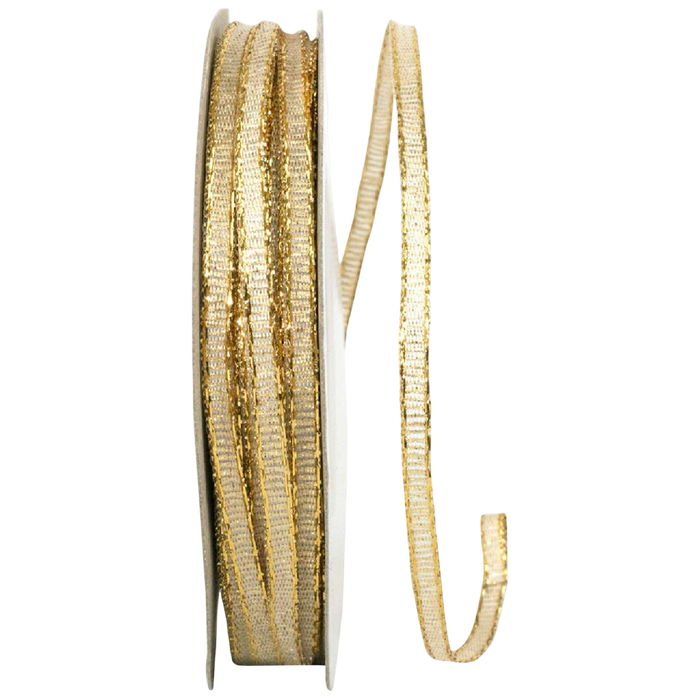 Extra-narrow gold metallic Glimmer ribbon shown vertically against a white background.
