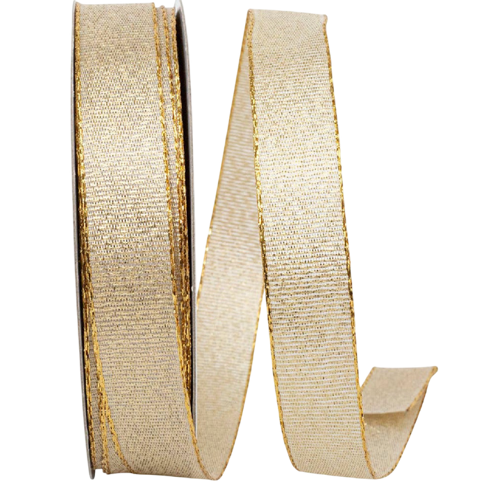 Shop narrow gold Glimmer wired ribbon, 5/8 inch wide, by the yard or 25-yard roll. Complimentary bow making with your ribbon purchase.